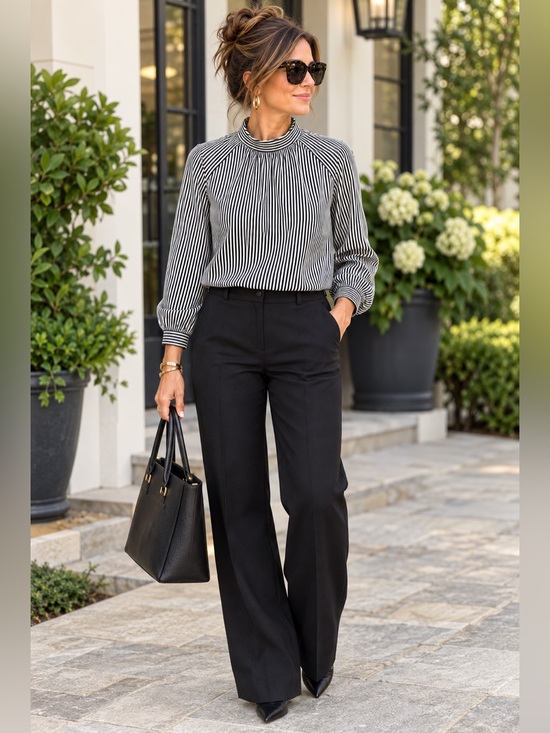J Mclaughlin Tops - J. McLaughlin Black White Pinstripe Tie Neck Blouse Long Sleeve Large
